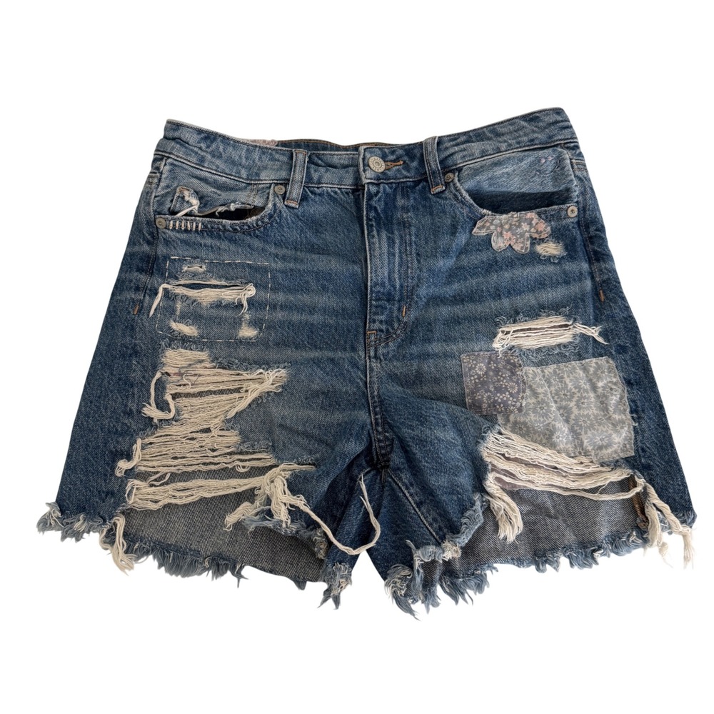 American Eagle Floral Patchwork Distressed Denim‎ Shorts Blue Womens 4 High Rise